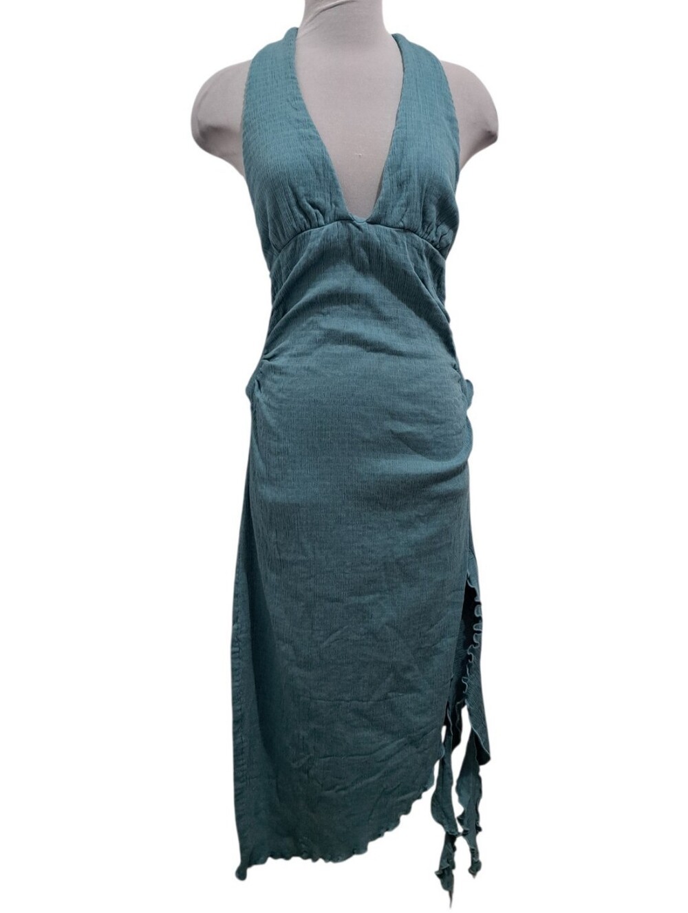 Free People Boho Take A Dip Plunge Neckline Halter Neckline Midi Dress Blue Larg